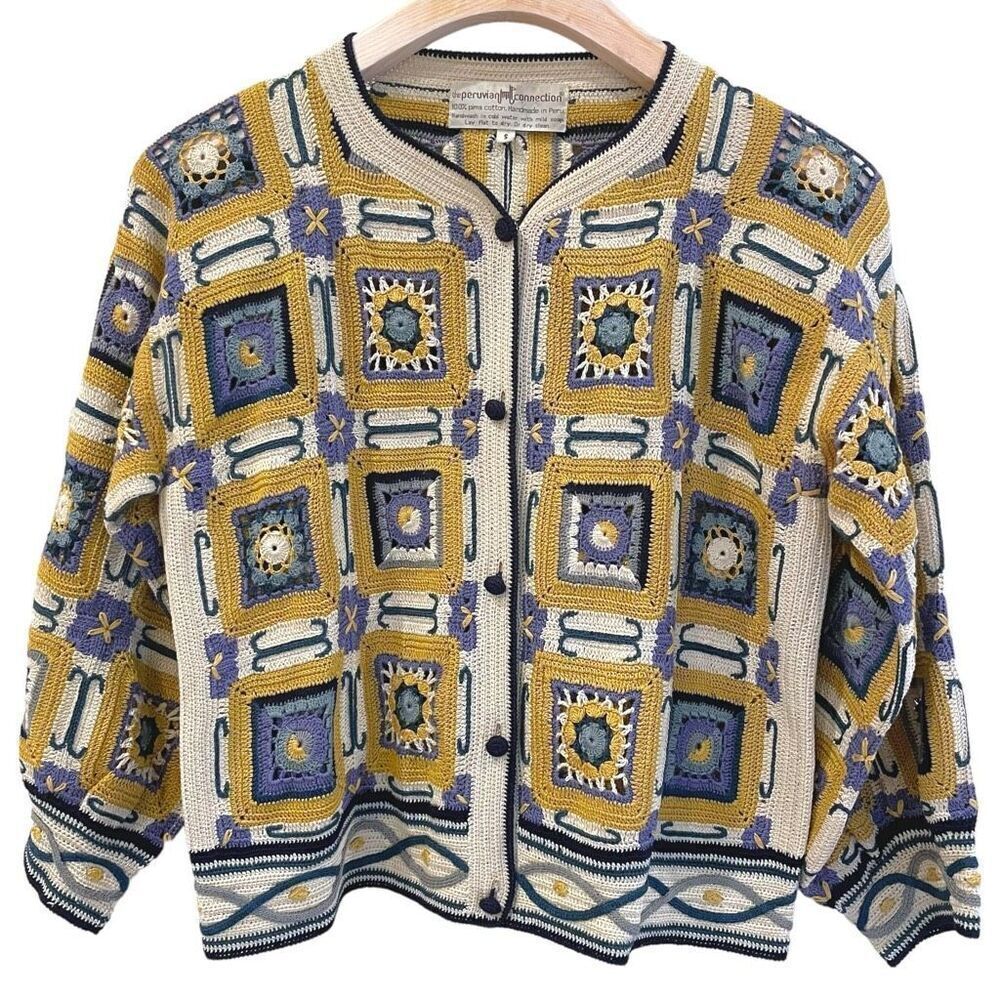 Peruvian Connection Amazing Hand-Crocheted Art to Wear Cardigan Sweater Small